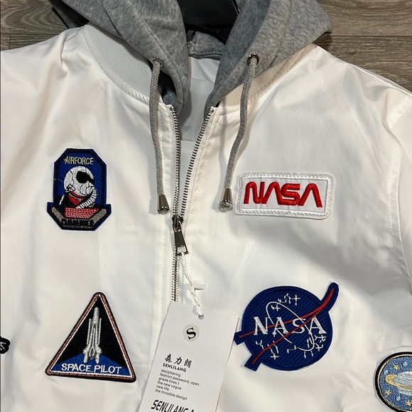 White NASA Bomber Jacket with Space Patches and Gray Hood - Picture 3 of 9